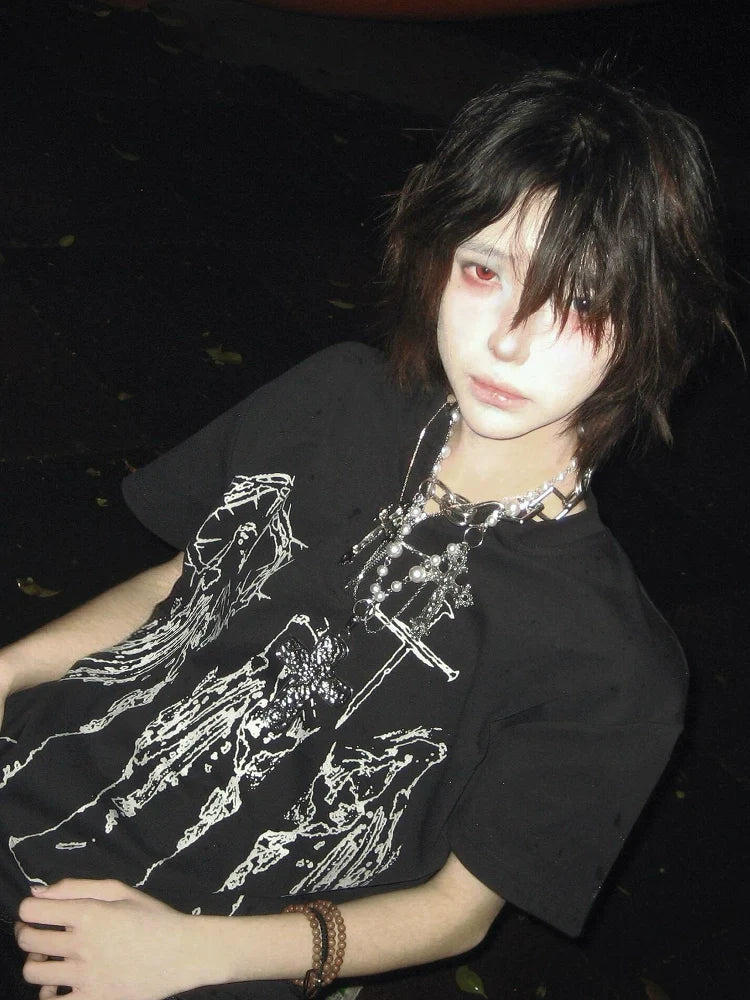 Vintage Black Zip Punk Short Sleeve Top