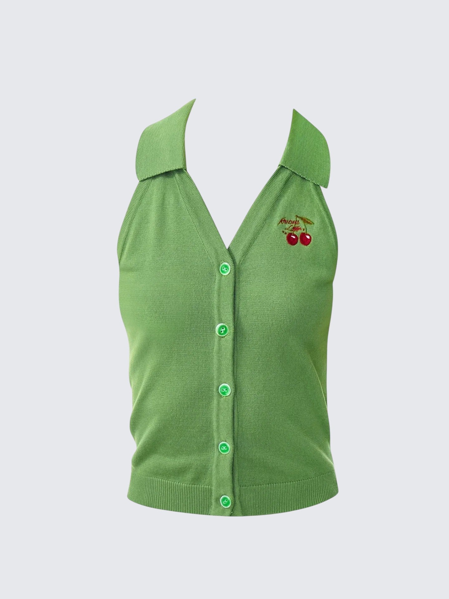 Green Cherry Embroidered Knit Vest