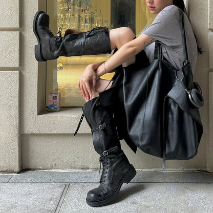 Genuine Leather Lace Up Platform Chunky Heel Knee High Biker Women's Boots