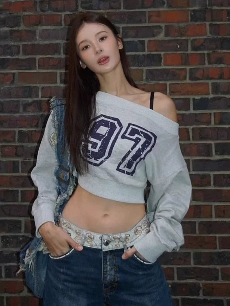 Gray [Blue Letter] Print Off-Shoulder Hoodie Subculture Y2K E-girl Light Subculture American Retro Abi Long-Sleeve Top
