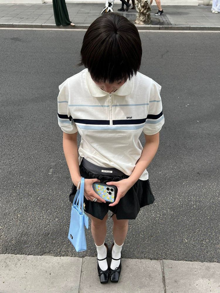 White Polo Tee Smart Academic Stripe Short Sleeve Top