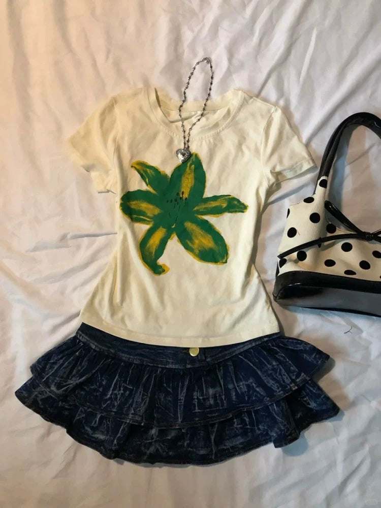 Yellow Subculture Y2K E-girl Abi American Retro Vintage Early Print Short Sleeve Top