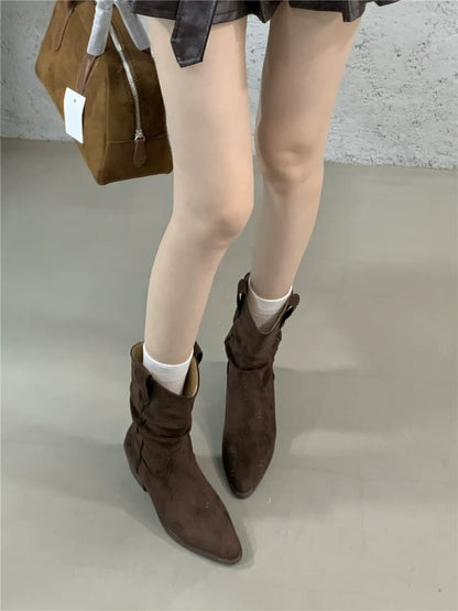 Pointed Toe Fashion Short Boots Women Fall Winter New Slouchy Chunky Heel Elevated Mid Calf Suede Western Boots