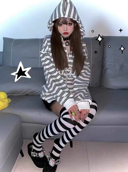 White Y2K Punk Stripe Cardigan Hoodie