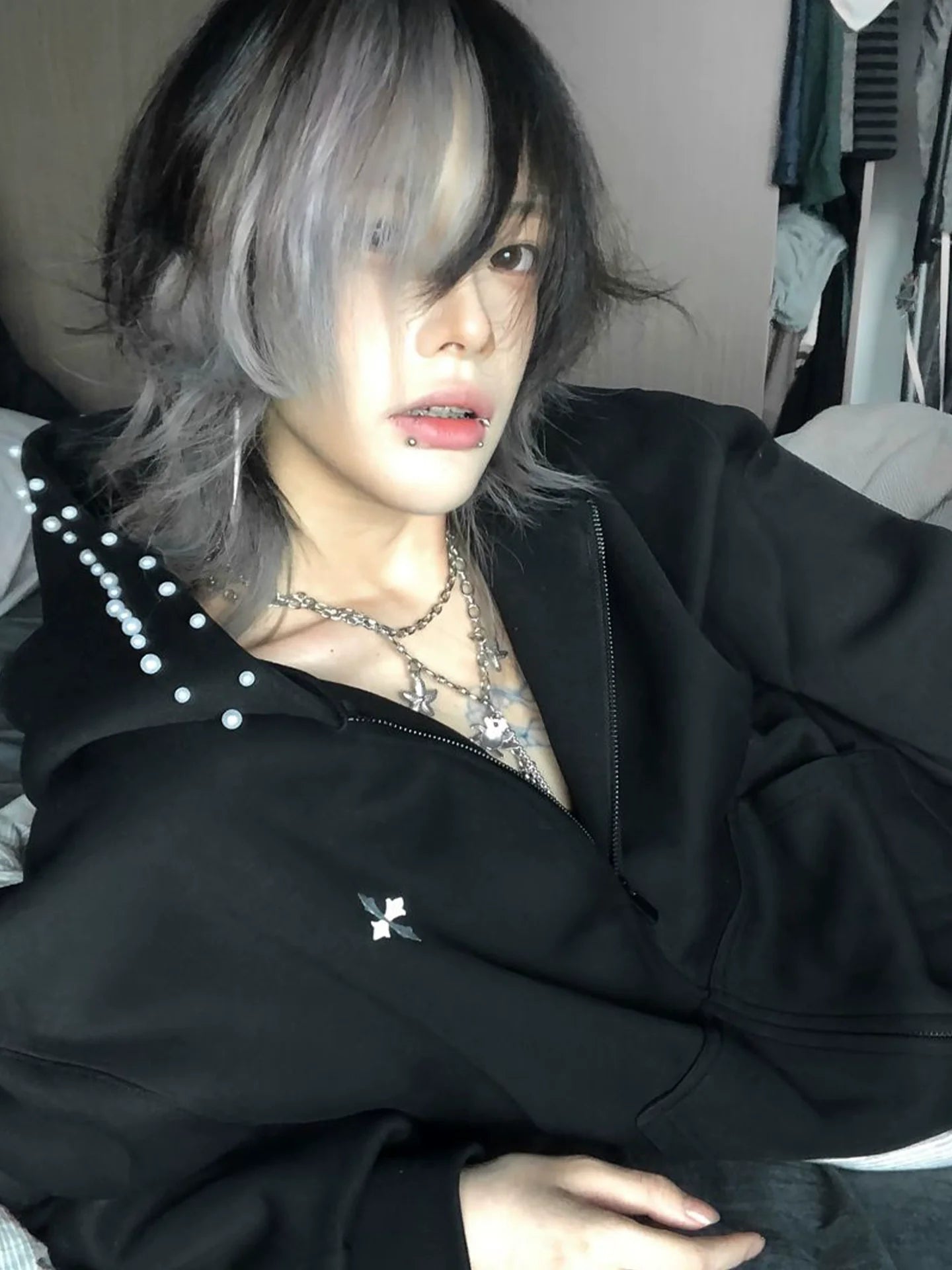 American High Street Black Studded Hoodie Jacket Autumn-Winter Heavy Zip-Up Design Top