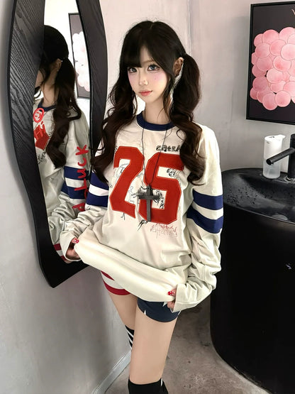 Retro Color Block Embroidered Graffiti Long Sleeve Top Loose Fit
