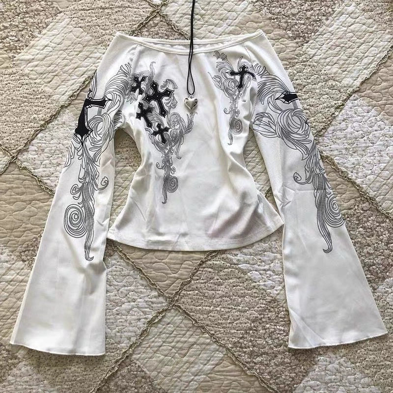 White Off-The-Shoulder Flared Sleeve Print Y2K T-Shirt