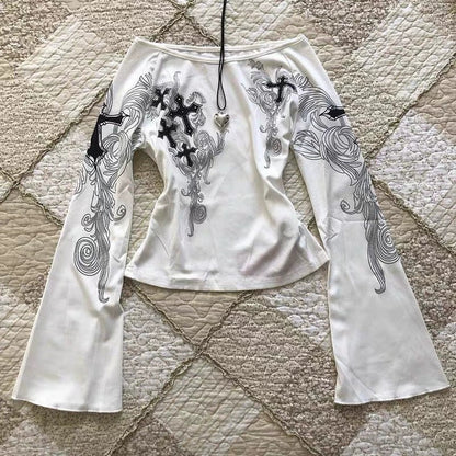 White Off-The-Shoulder Flared Sleeve Print Y2K T-Shirt
