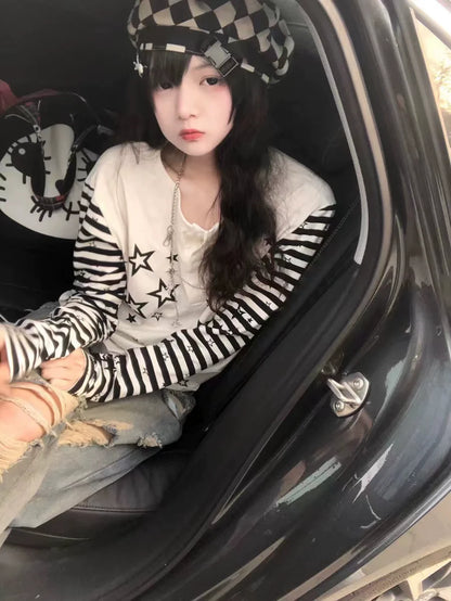 White & Plaid Rivet Skirt Set Subculture Punk Y2K Stripe Star Print Irregular Long Sleeve Top Set