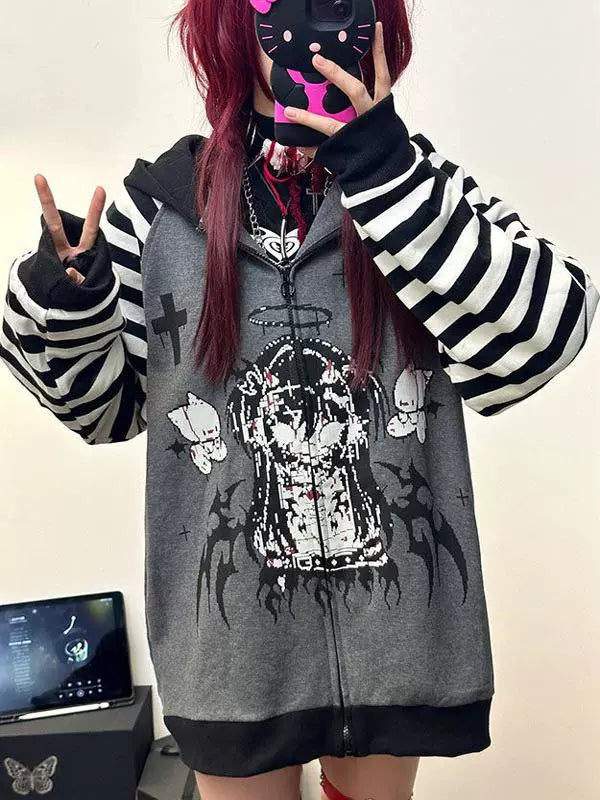 Black & Gray Demon Hoodie Jacket [Spring-Autumn] Subculture Punk Y2K E-girl Cat-Ear Stripe Demon-Print Oversized Zipper Jacket