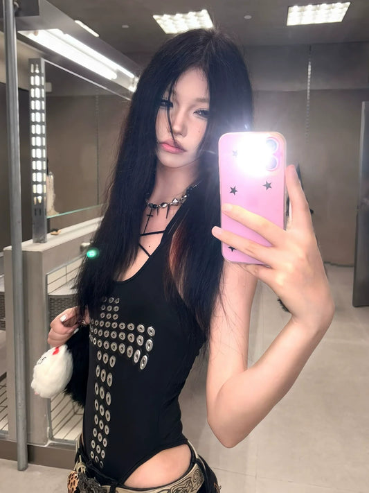 American Hot-Girl Black Halter Tank Metal Studded Punk Visual Kei Top