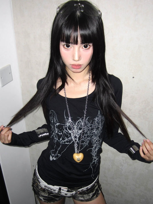 Y2K Subculture Fitted Long Sleeve Base Top  Structured Shoulder Slim Tee Visual Kei Streetwear