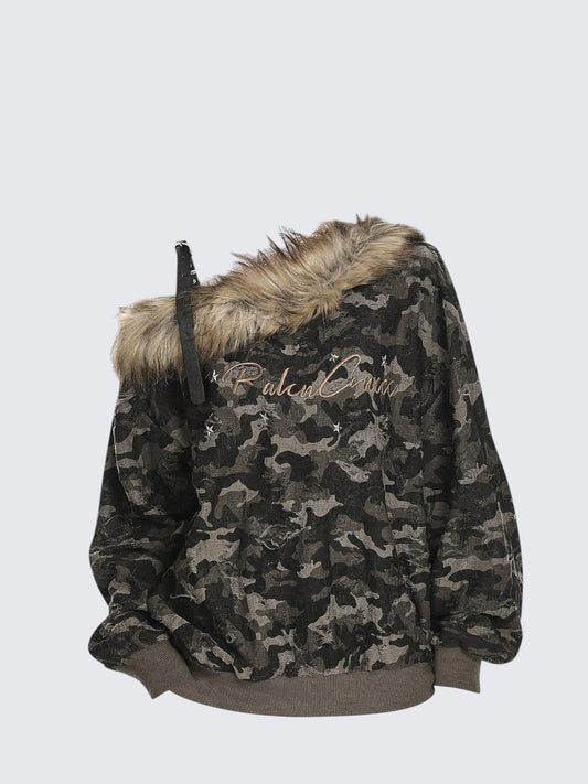 Camo Off Shoulder Hoodie Women