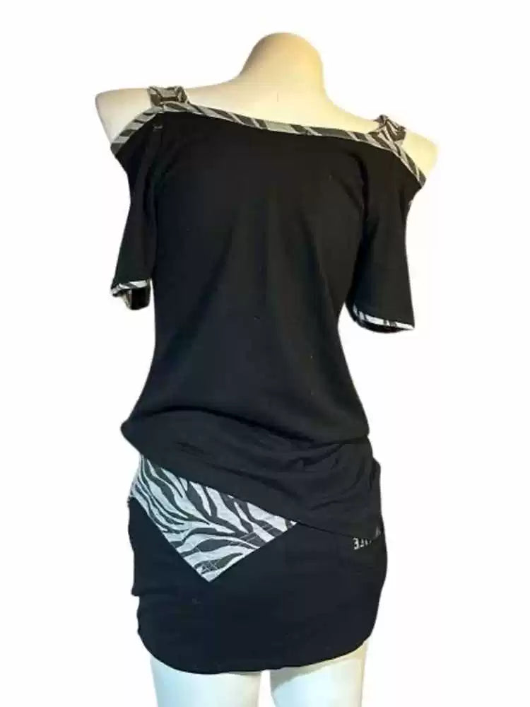 Black Punk American Zebra Print Panel Letter Y2K T-Shirt