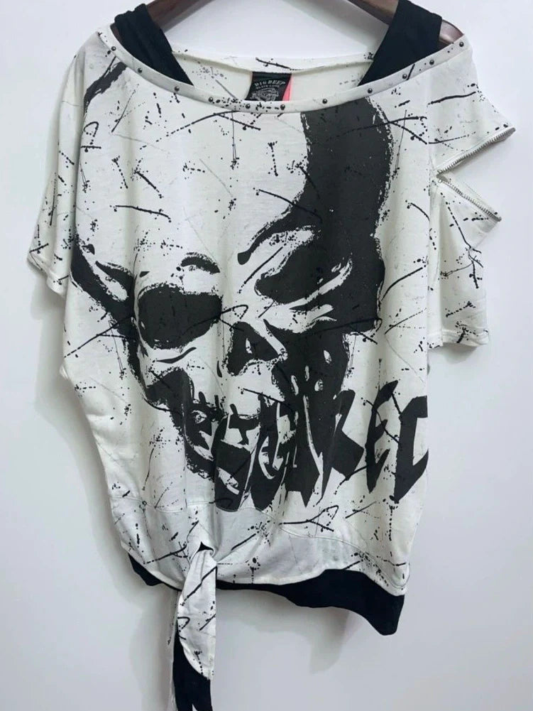 Black and White Bat Sleeve Fake Two-Piece Y2K T-Shirt