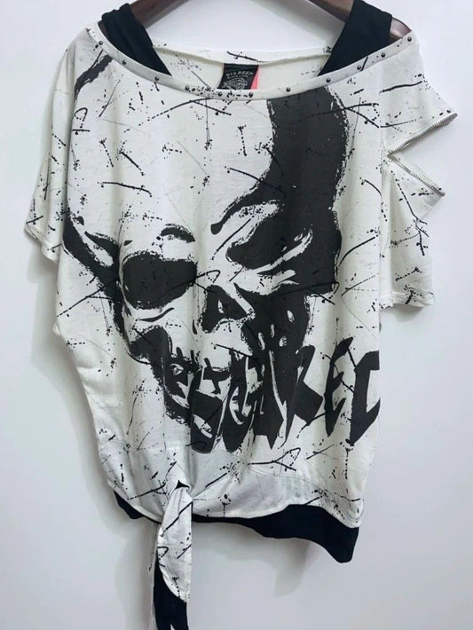 Black and White Bat Sleeve Fake Two-Piece Y2K T-Shirt