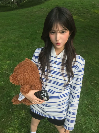 Blue-White Striped Polo Long Sleeve Korean Retro Loose Top