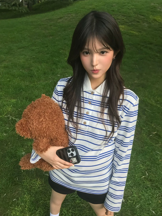 Blue-White Striped Polo Long Sleeve Korean Retro Loose Top
