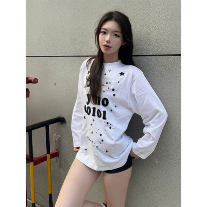 Korean White Star Print Long Sleeve Tee