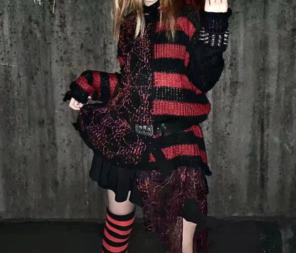 Black Purple Spider Web Y2K Punk Distressed Stripe Sweater