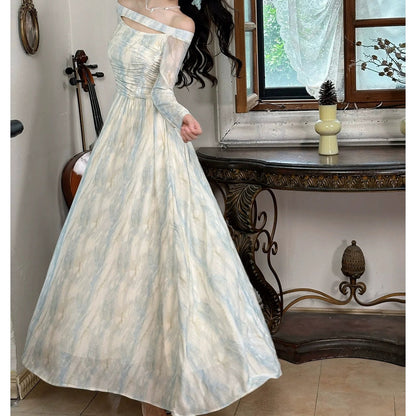 French Blue Printed One Shoulder Long Sleeve Gown Dress
