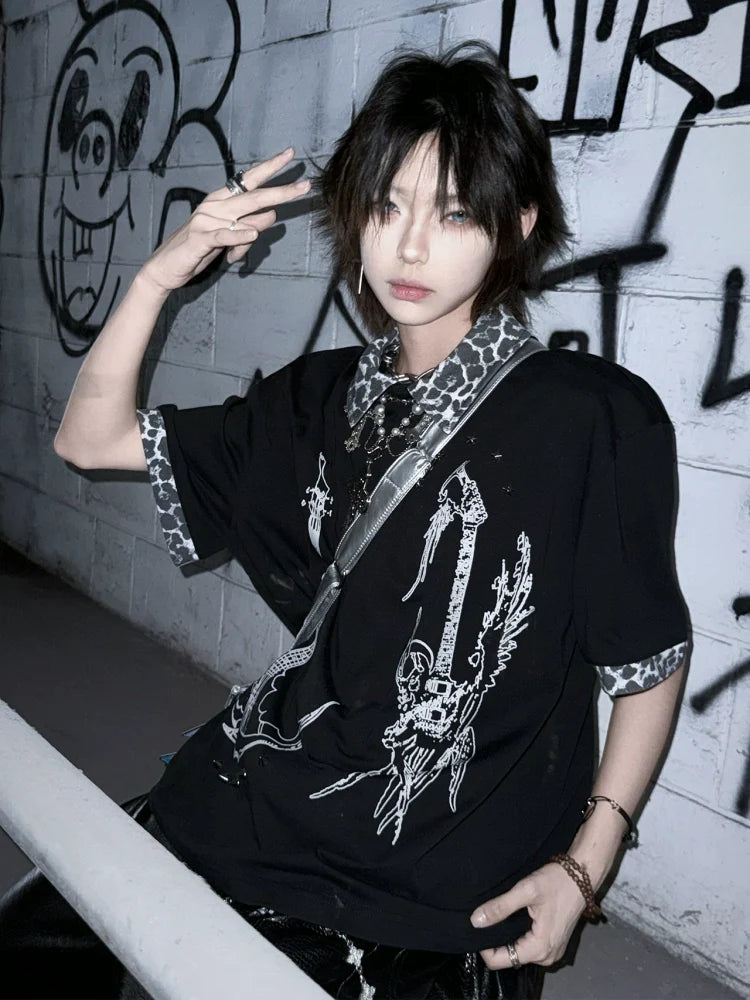 Y2K Black Short Sleeve Polo Tee Leopard Patchwork Summer Loose Fit Visual Kei Top
