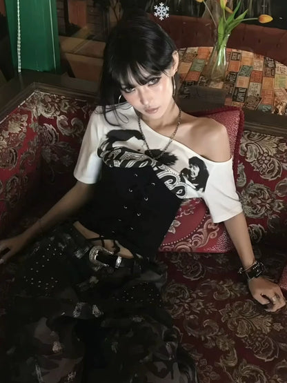 Y2K Off-Shoulder Lace-Up Tee Black and White Patchwork Cropped Fitted Hot Girl Top