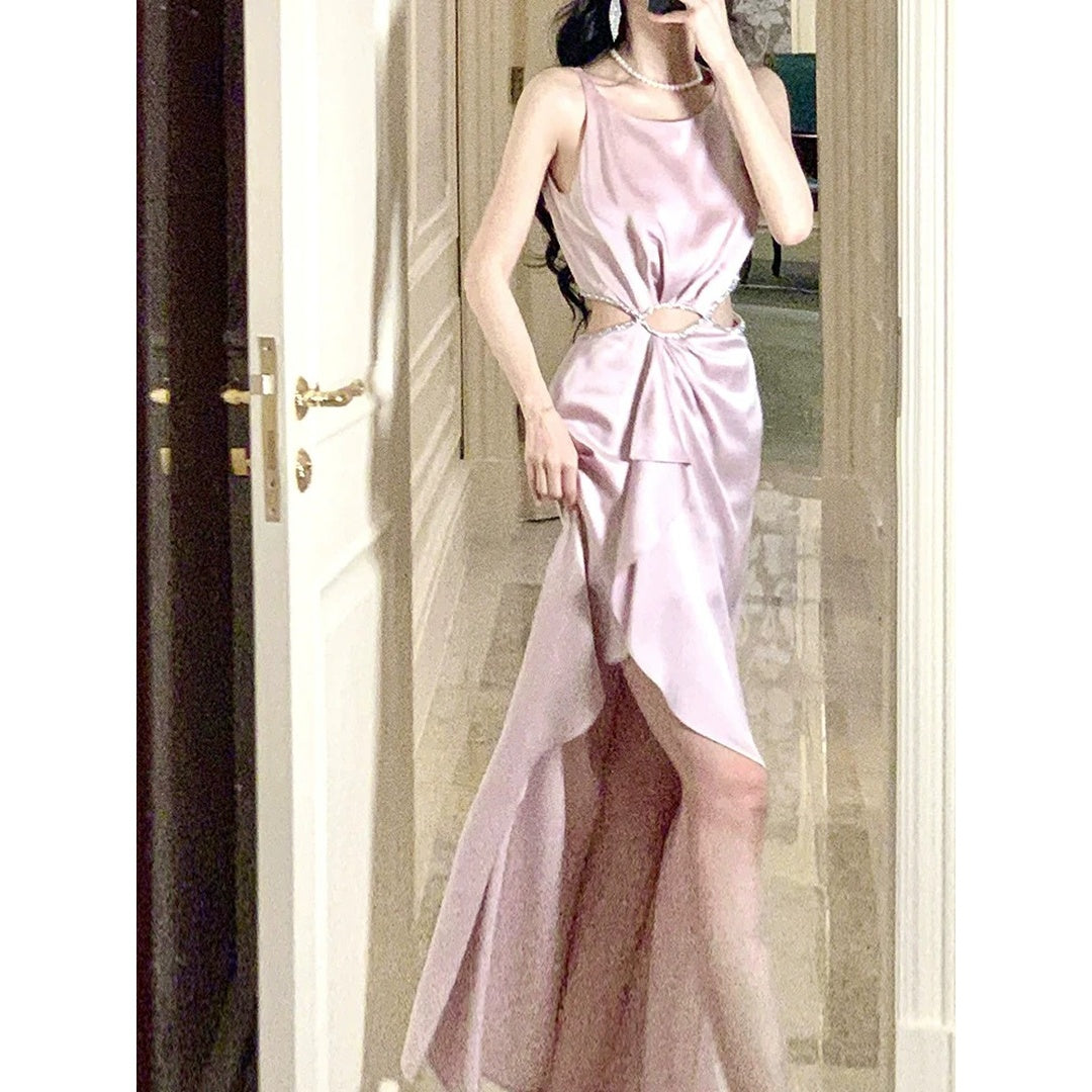 Zirconia Cutout Waist Satin Gown Dress