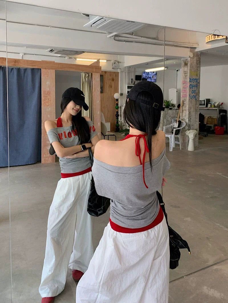 Light Gray Halter Fake Two-Piece Y2K T-Shirt