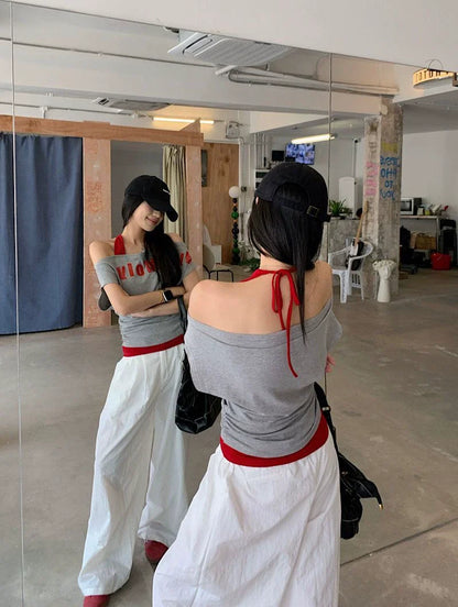 Light Gray Halter Fake Two-Piece Y2K T-Shirt