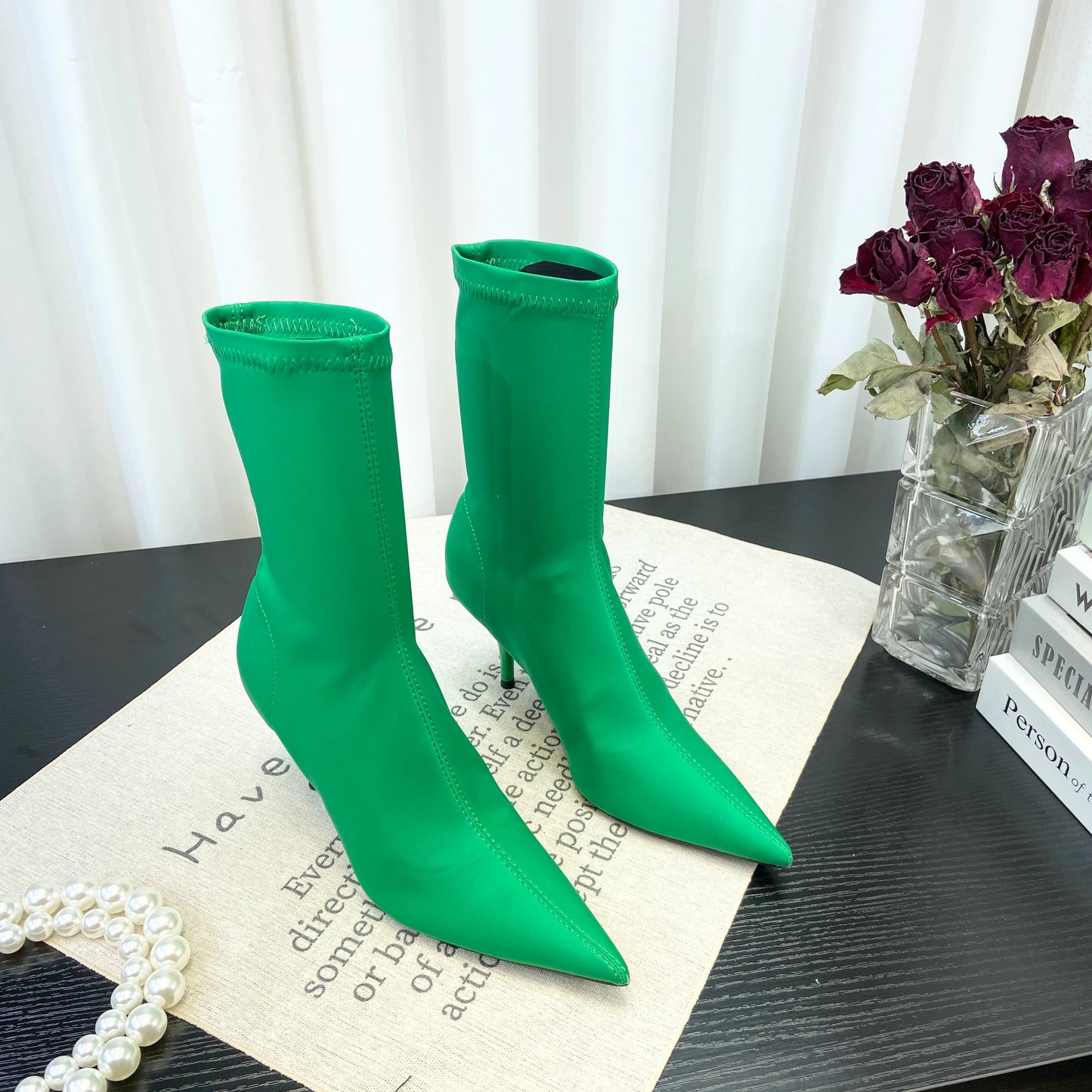 European Sexy High Heel Slim Boots Spring Autumn Colorful Mid Calf Sock Boots Pointed Toe Thin Heel Stretchy Boots Women