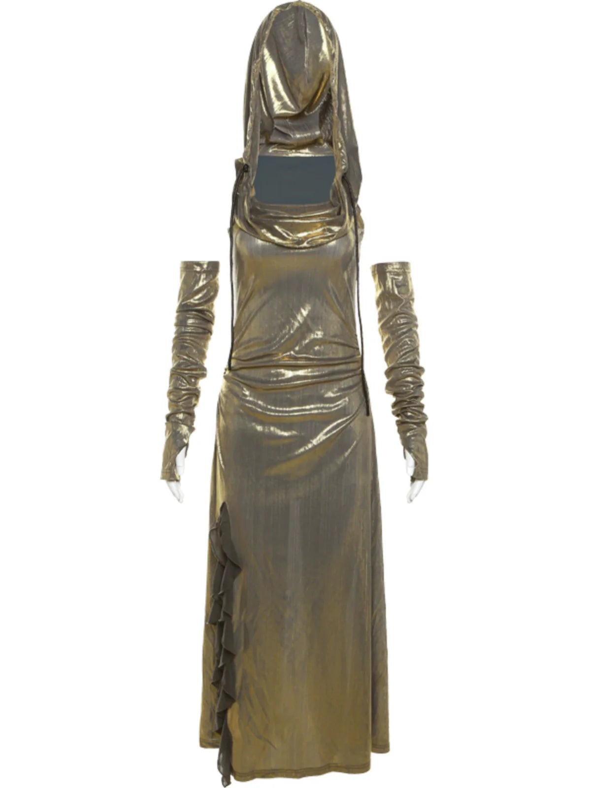 Futuristic Personalized Wasteland Style Shiny Cowl-Neck With Arm Sleeves Fitted Slit Maxi Dress