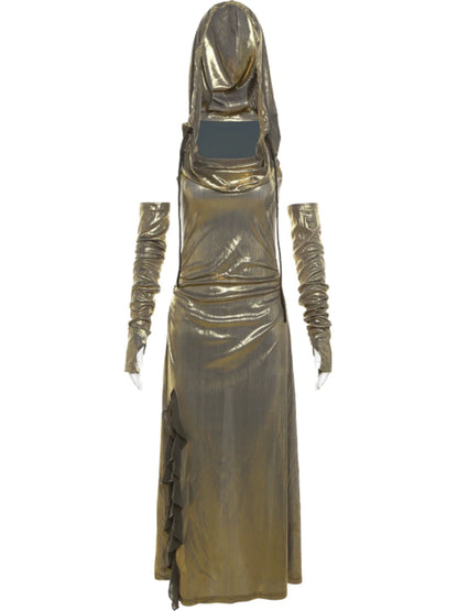 Futuristic Personalized Wasteland Style Shiny Cowl-Neck With Arm Sleeves Fitted Slit Maxi Dress
