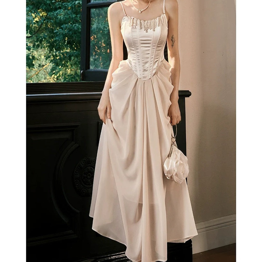 Pearl Pendant Mermaid Satin Gown Dress