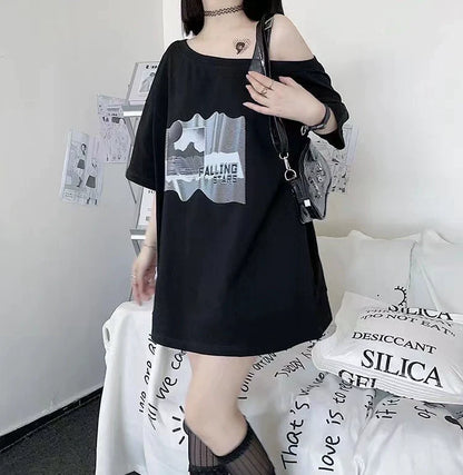 Black Subculture Y2K E-girl Off-Shoulder Mid-Length Lunar Eclipse Print Niche Oversized Short-Sleeve Top