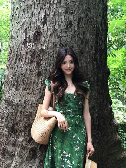 Reversible Forest Green Puff-Sleeve Maxi Dress