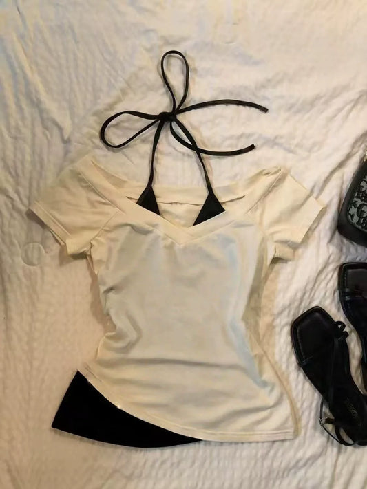 Apricot Subculture Y2K E-girl Abi American Retro V-neck Fake Two-Piece Halter Short Sleeve Top