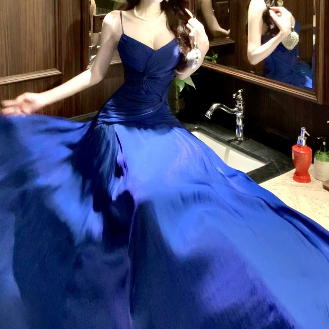 French Asymmetrical Blue Spaghetti Strap Satin Gown Dress