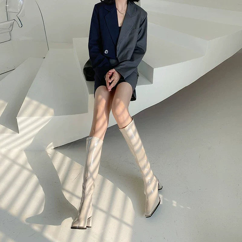Celebrity Inspired Knee High Boots Women Spring Autumn Patent Leather High Heel Fleece Lined Knee High Biker Boots