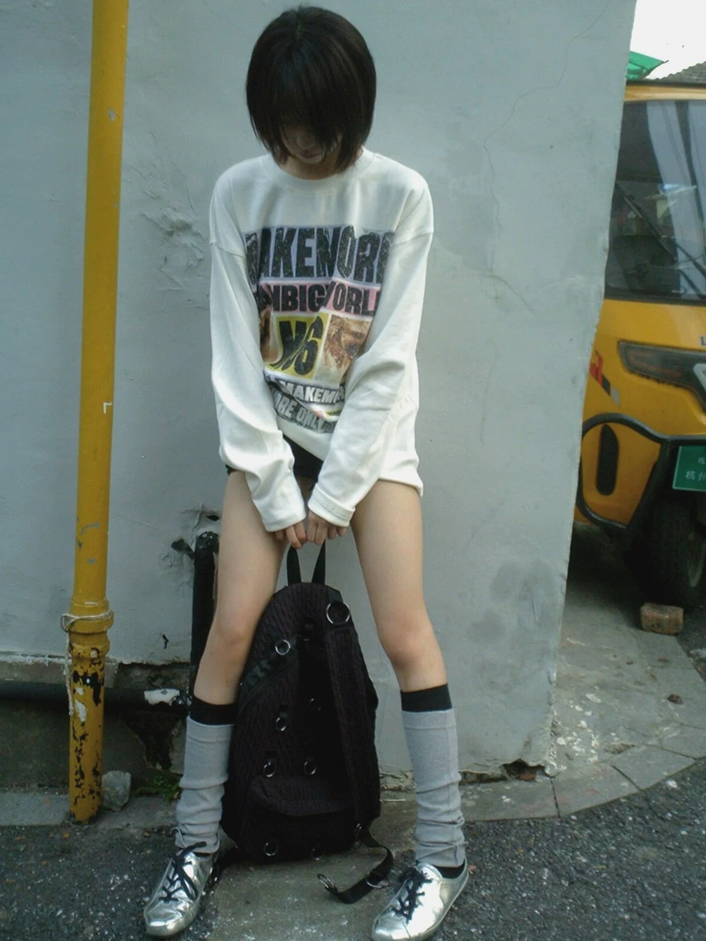 American Street White Long Sleeve Tee Autumn Colorblock Letter Print Loose Fit Base Top