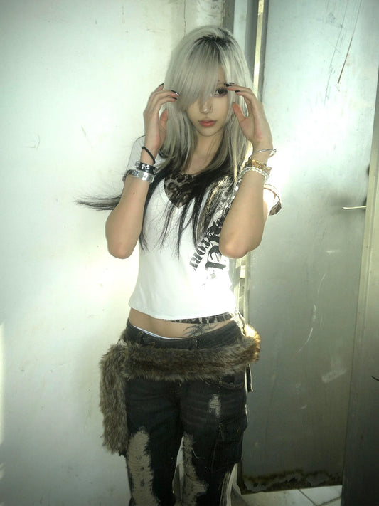 Y2K Leopard Patchwork V Neck Top Slim Fit Tee