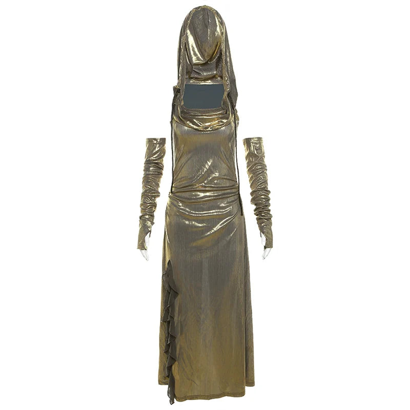 Futuristic Personalized Wasteland Style Shiny Cowl-Neck With Arm Sleeves Fitted Slit Maxi Dress