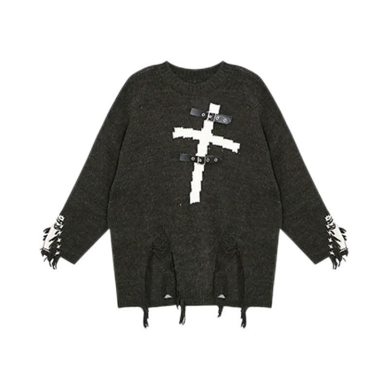 Y2K Punk Cross Distressed Mid-Length Sweater