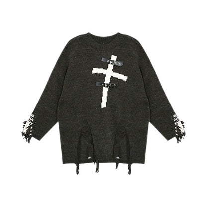 Y2K Punk Cross Distressed Mid-Length Sweater