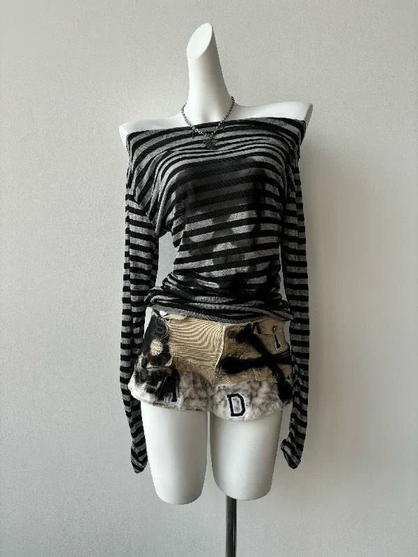 Black & Gray Subculture Punk Rock Gothic Y2K Shibuya Girl Striped Skull Slim Long Sleeve Top