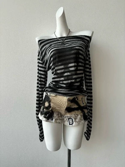 Black & Gray Subculture Punk Rock Gothic Y2K Shibuya Girl Striped Skull Slim Long Sleeve Top