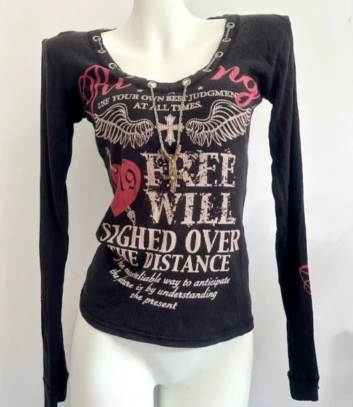 Black Subculture Gothic Rock Punk Y2K Shibuya Girl Letter Print Abi Long Sleeve Top