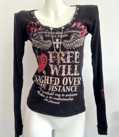 Black Subculture Gothic Rock Punk Y2K Shibuya Girl Letter Print Abi Long Sleeve Top