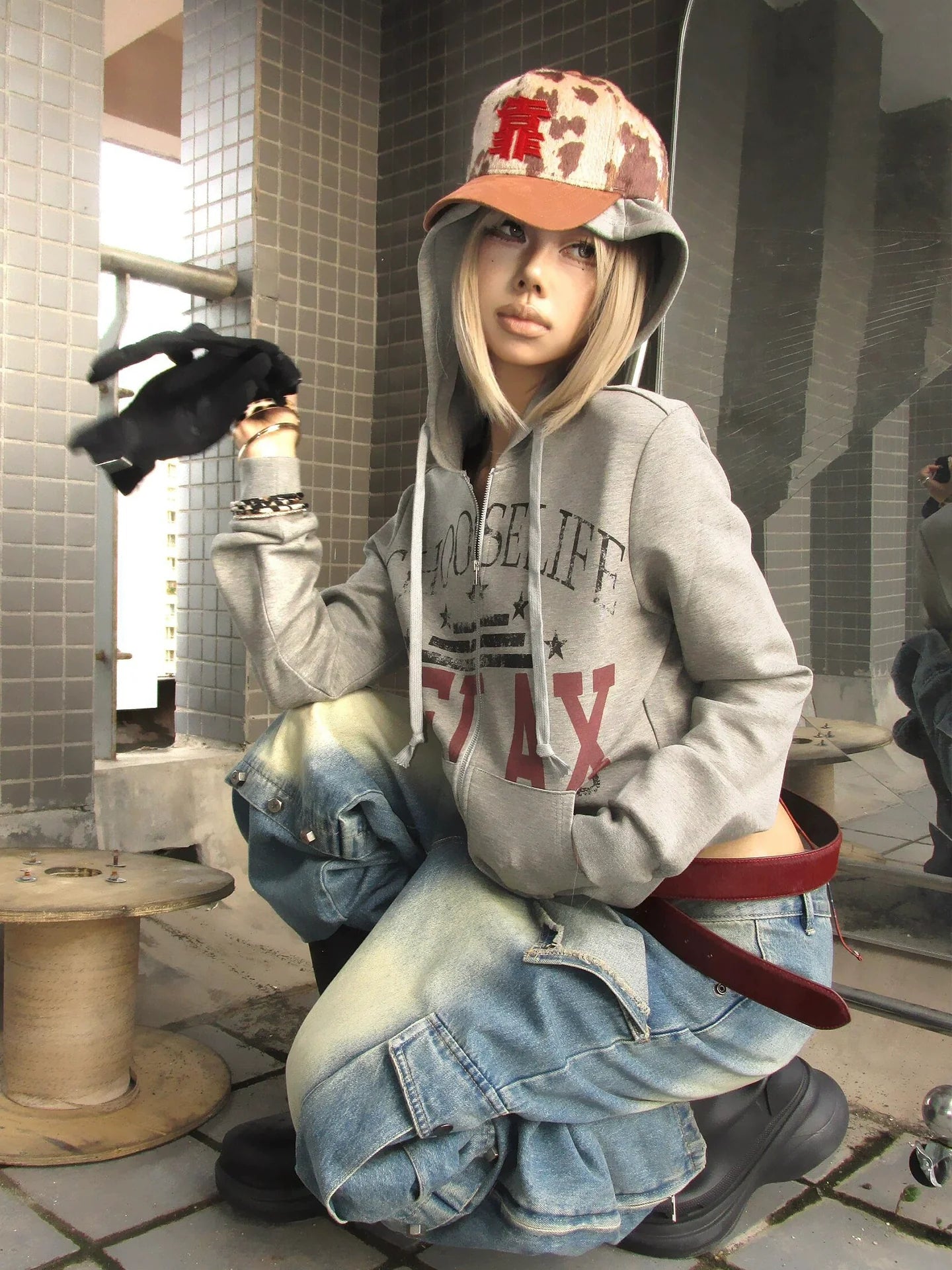 American Distressed Gray Hoodie Printed Zip-Up Jacket