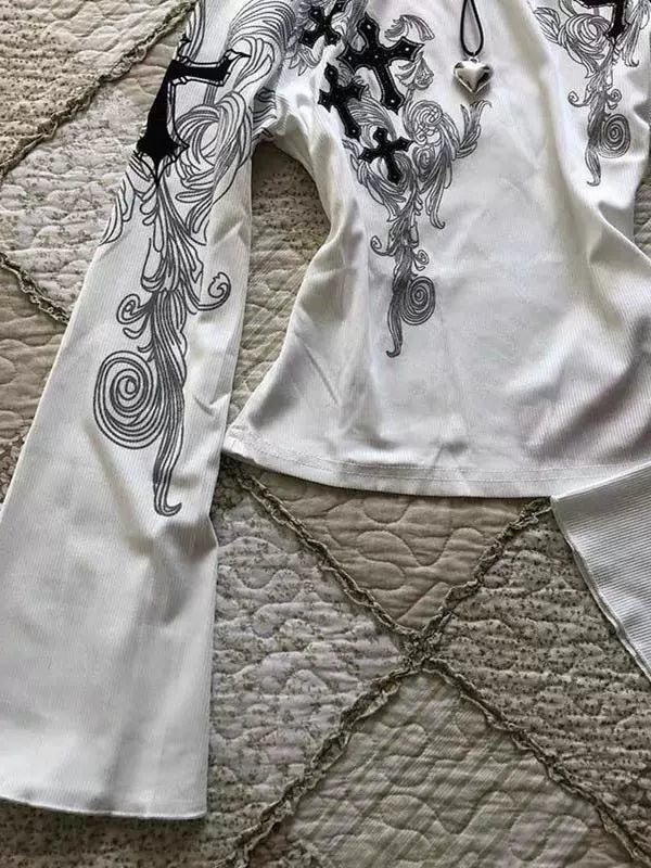 White Off-The-Shoulder Flared Sleeve Print Y2K T-Shirt